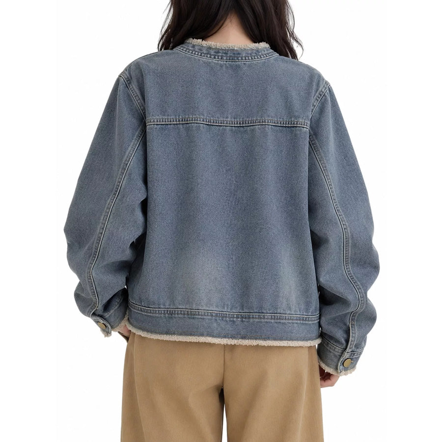 Distressed Frayed-Edge Denim Jacket with Utility Pockets Apparel and Accessories