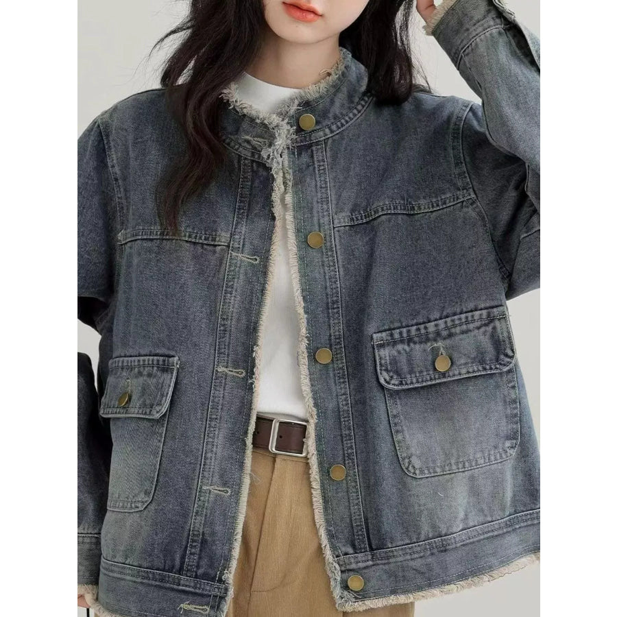 Distressed Frayed-Edge Denim Jacket with Utility Pockets Apparel and Accessories