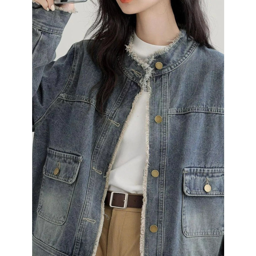 Distressed Frayed-Edge Denim Jacket with Utility Pockets Apparel and Accessories