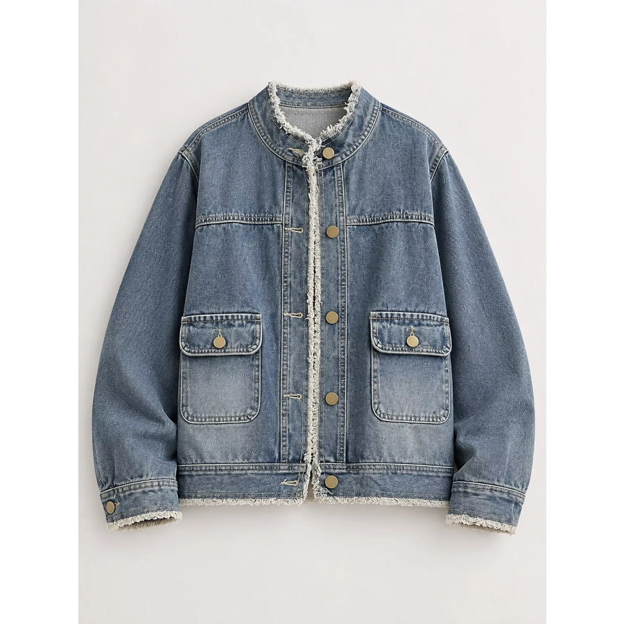 Distressed Frayed-Edge Denim Jacket with Utility Pockets Apparel and Accessories