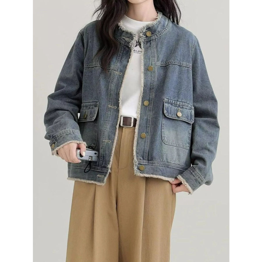Distressed Frayed-Edge Denim Jacket with Utility Pockets Vintage Blue / S Apparel and Accessories