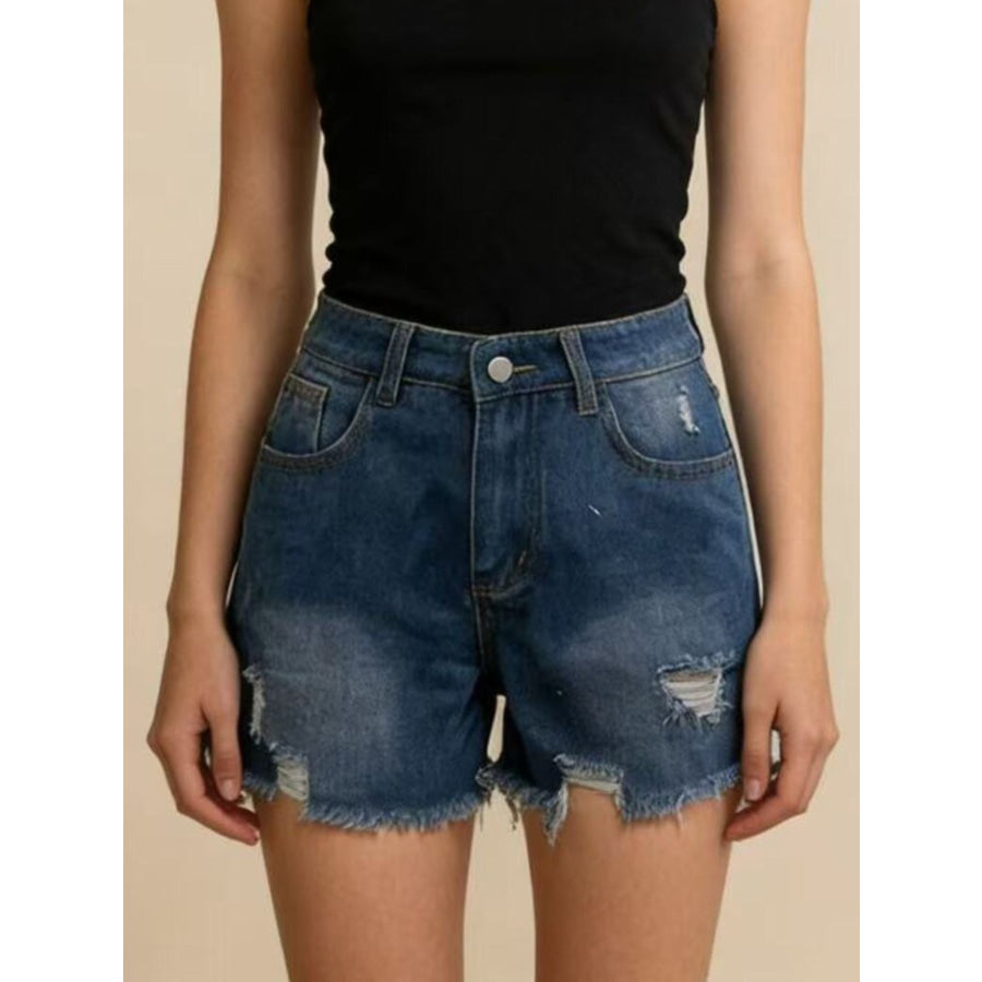 Distressed Frayed Hem Denim Shorts Apparel and Accessories
