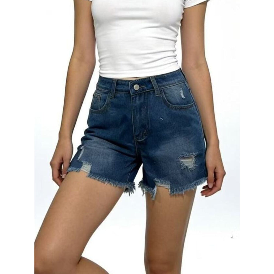 Distressed Frayed Hem Denim Shorts Dark Blue / S Apparel and Accessories