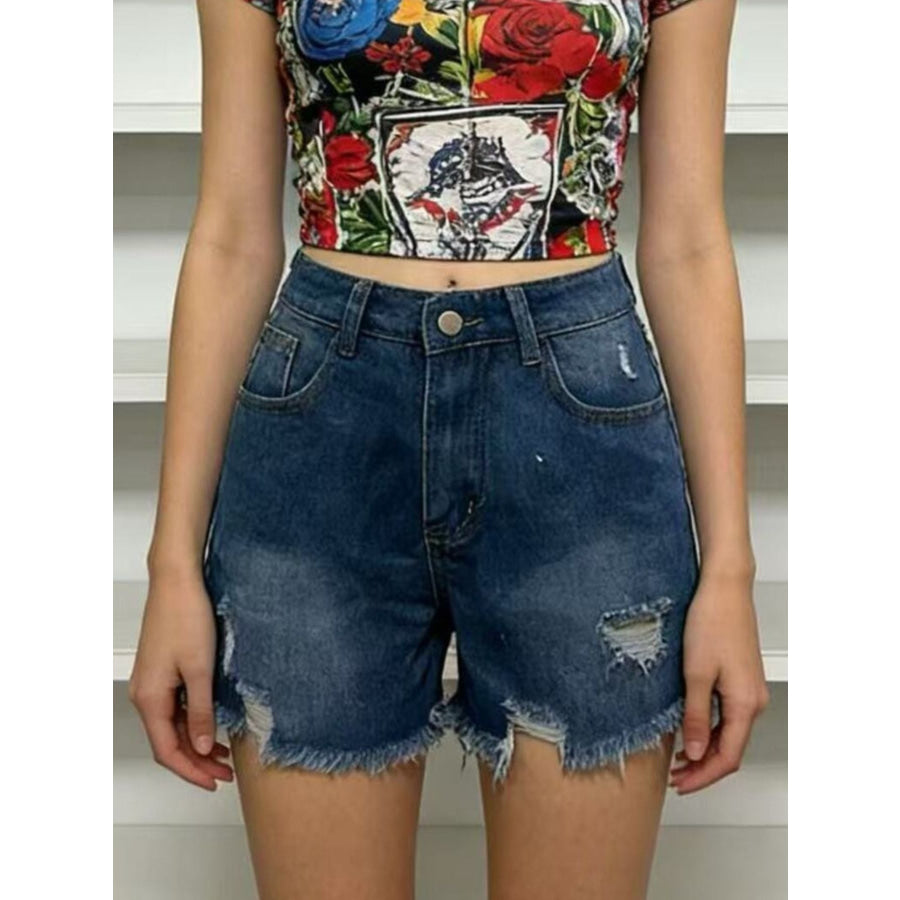 Distressed Frayed Hem Denim Shorts Apparel and Accessories