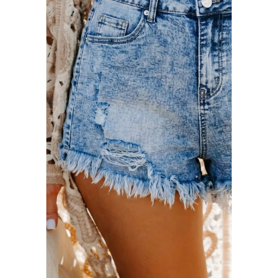 Distressed Frayed Hem Denim Shorts Apparel and Accessories