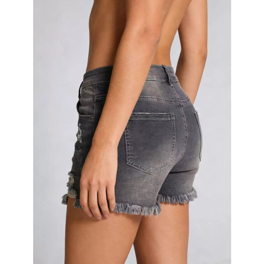 Distressed Frayed Hem Denim Shorts Apparel and Accessories