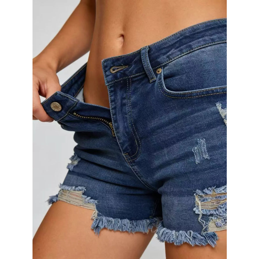 Distressed Frayed Hem Denim Shorts Dark Blue / S Apparel and Accessories