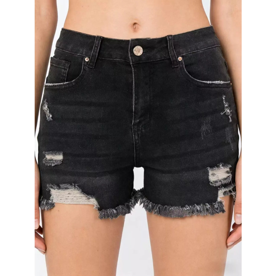 Distressed Frayed Hem Denim Shorts Black / S Apparel and Accessories