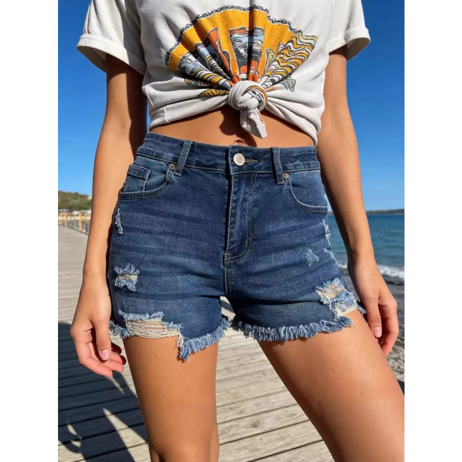 Distressed Frayed Hem Denim Shorts Dark Blue / S Apparel and Accessories