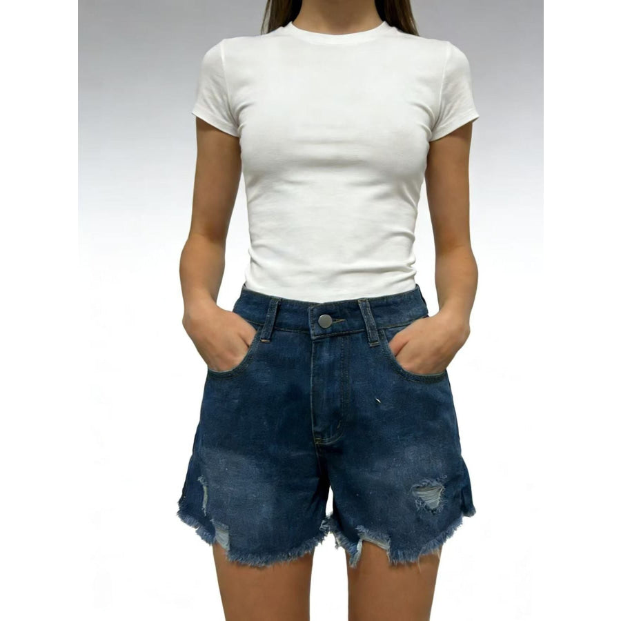Distressed Frayed Hem Denim Shorts Dark Blue / S Apparel and Accessories