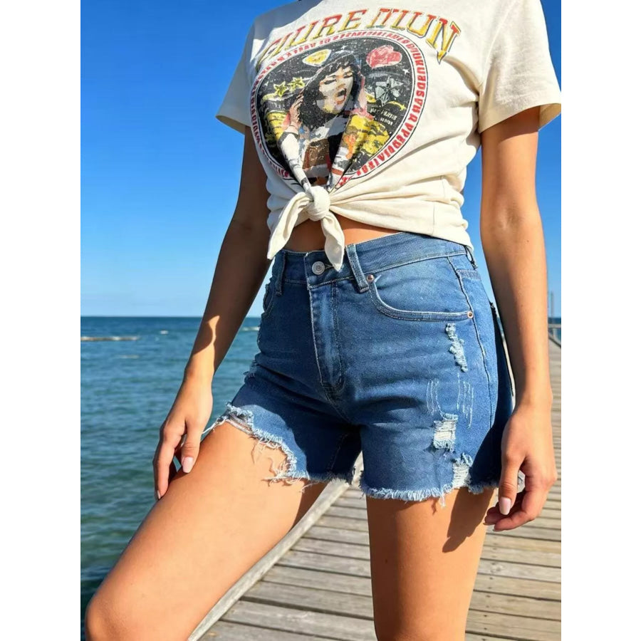 Distressed Frayed Hem Denim Shorts Sky Blue / S Apparel and Accessories