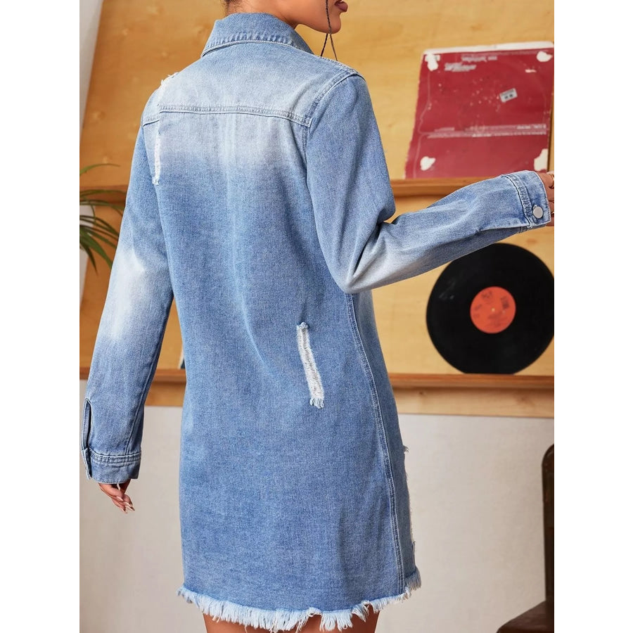 Distressed Frayed Hem Longline Denim Jacket Apparel and Accessories