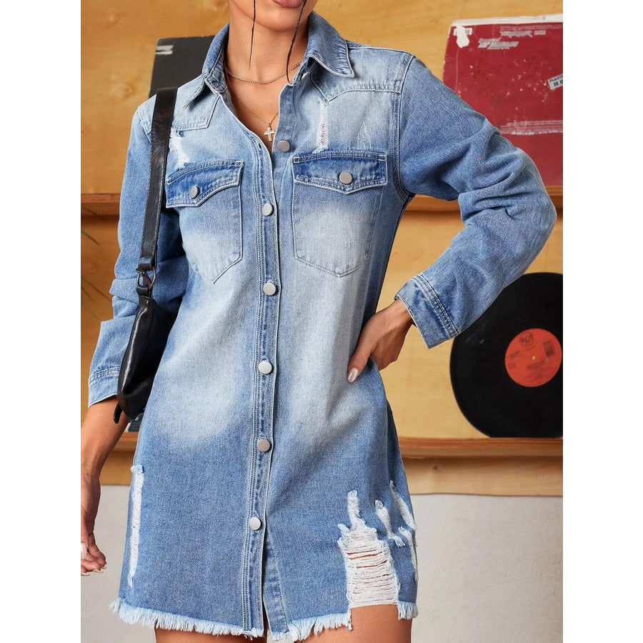 Distressed Frayed Hem Longline Denim Jacket Apparel and Accessories