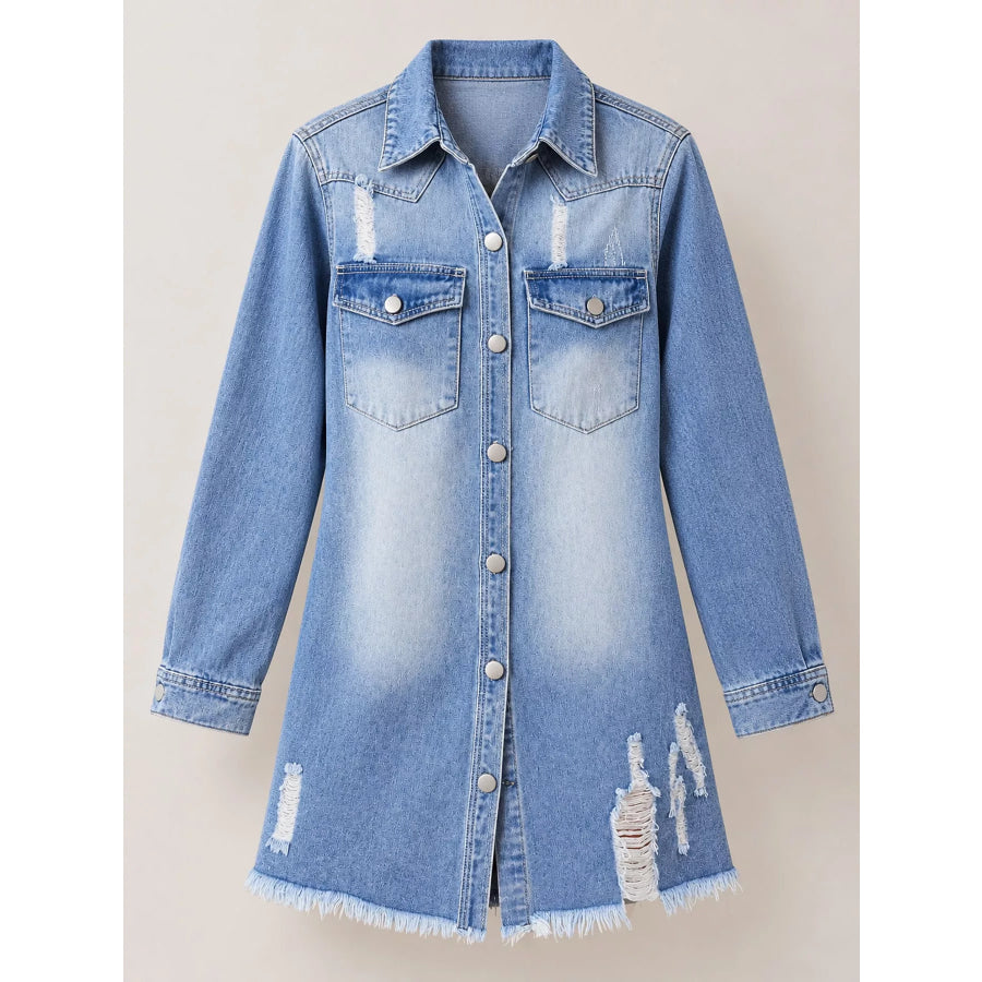 Distressed Frayed Hem Longline Denim Jacket Apparel and Accessories