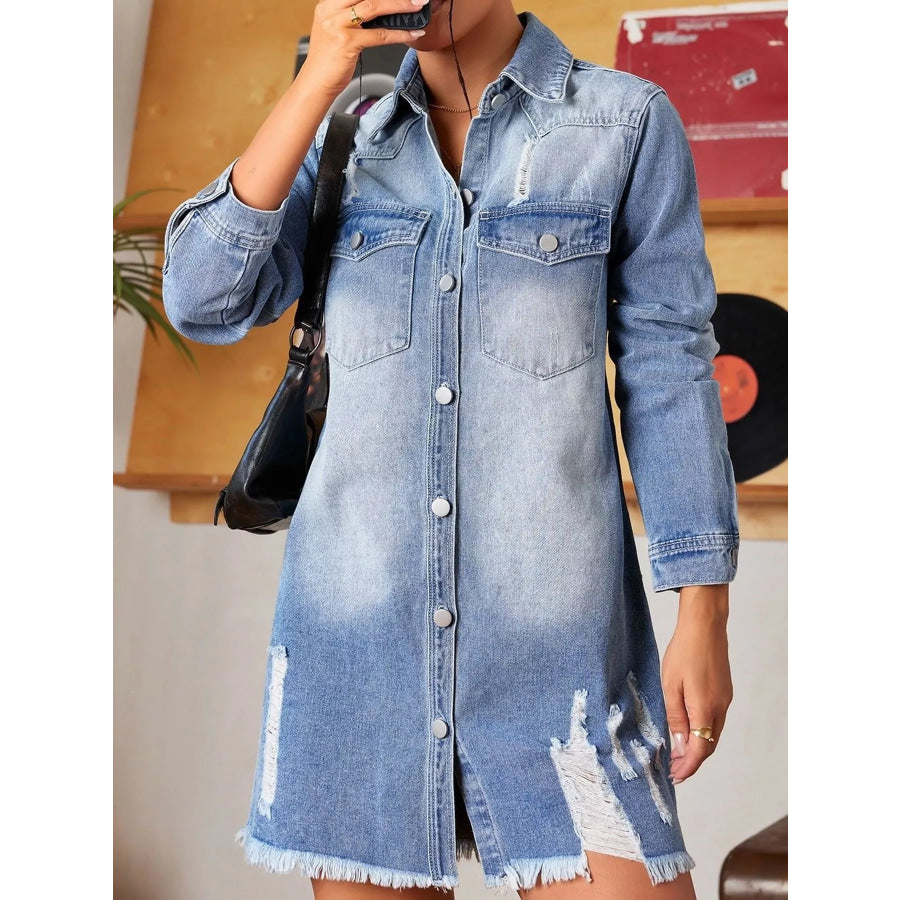 Distressed Frayed Hem Longline Denim Jacket Apparel and Accessories