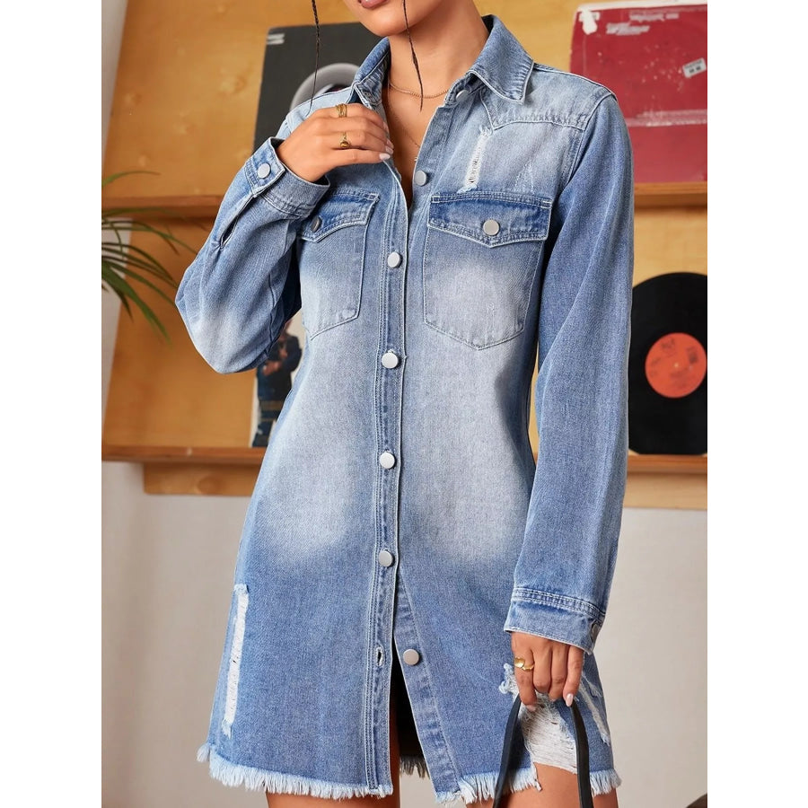 Distressed Frayed Hem Longline Denim Jacket Apparel and Accessories