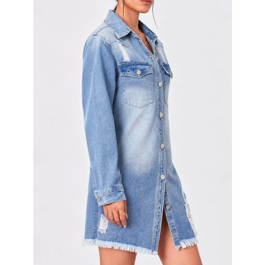 Distressed Frayed Hem Longline Denim Jacket Apparel and Accessories
