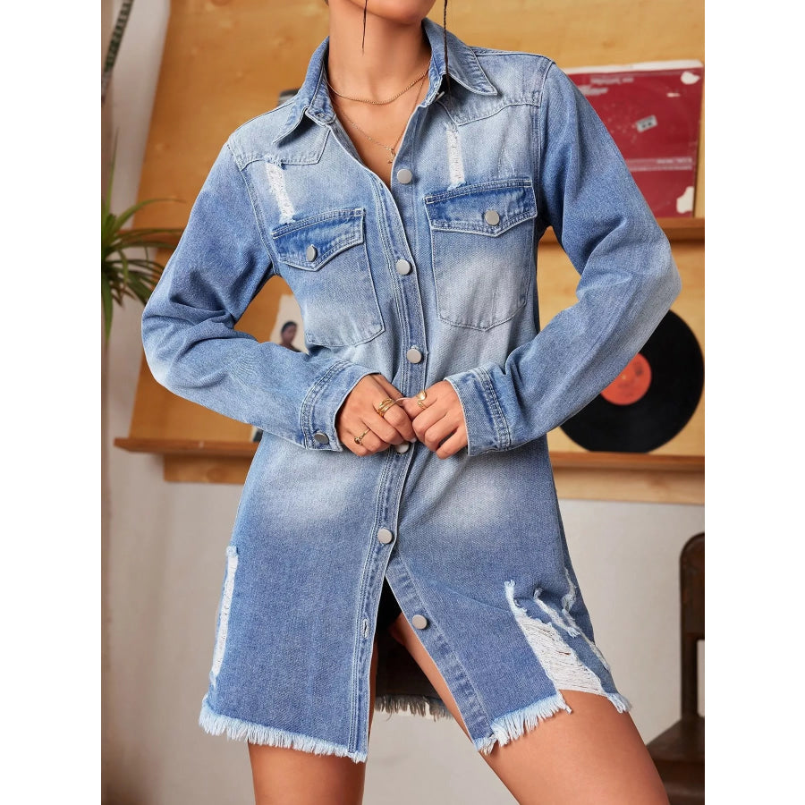 Distressed Frayed Hem Longline Denim Jacket Apparel and Accessories