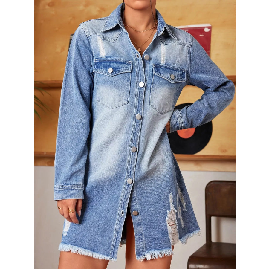 Distressed Frayed Hem Longline Denim Jacket Light Blue / S Apparel and Accessories