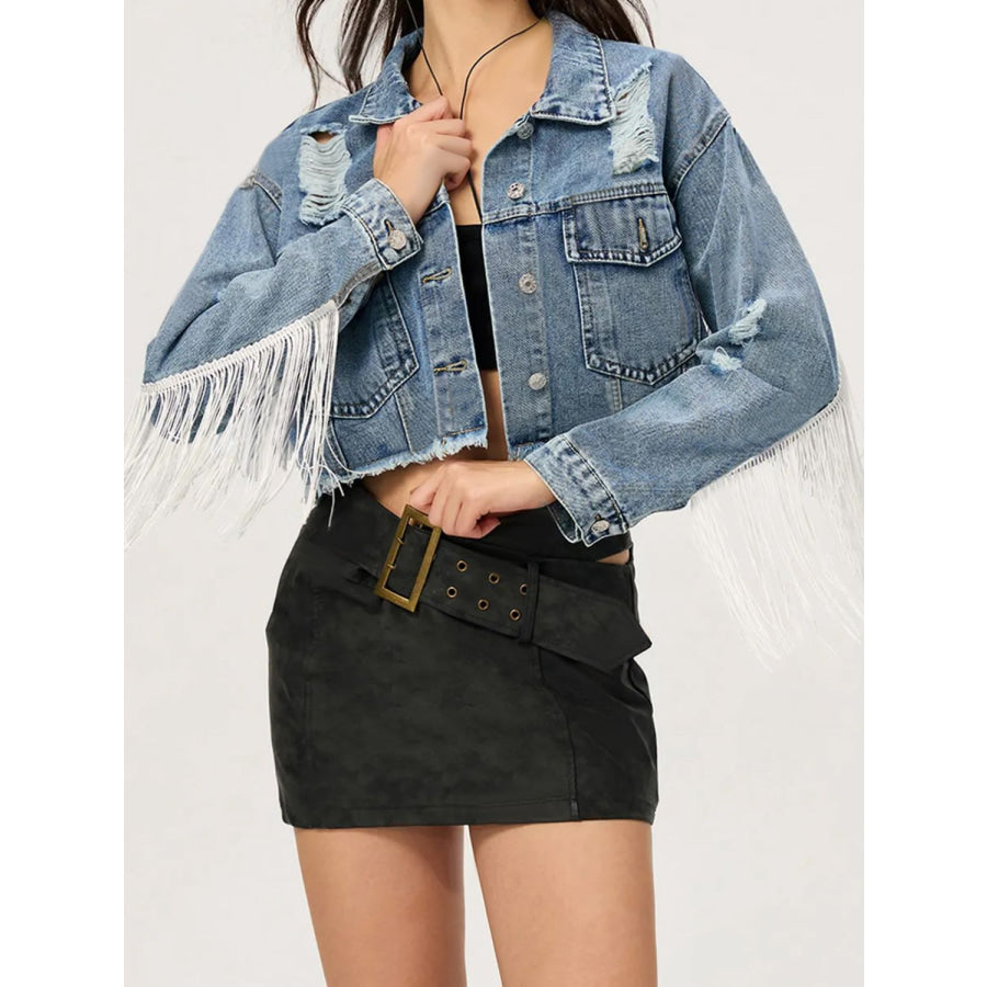 Distressed Fringe Collared Neck Cropped Denim Top Apparel and Accessories