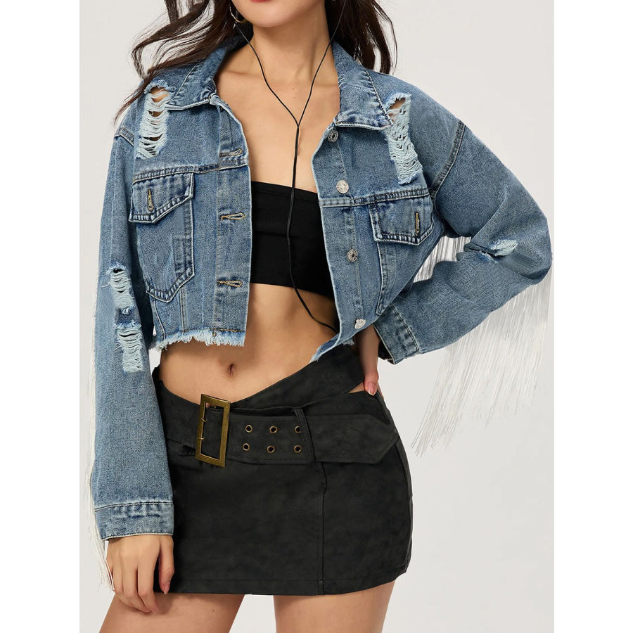 Distressed Fringe Collared Neck Cropped Denim Top Apparel and Accessories