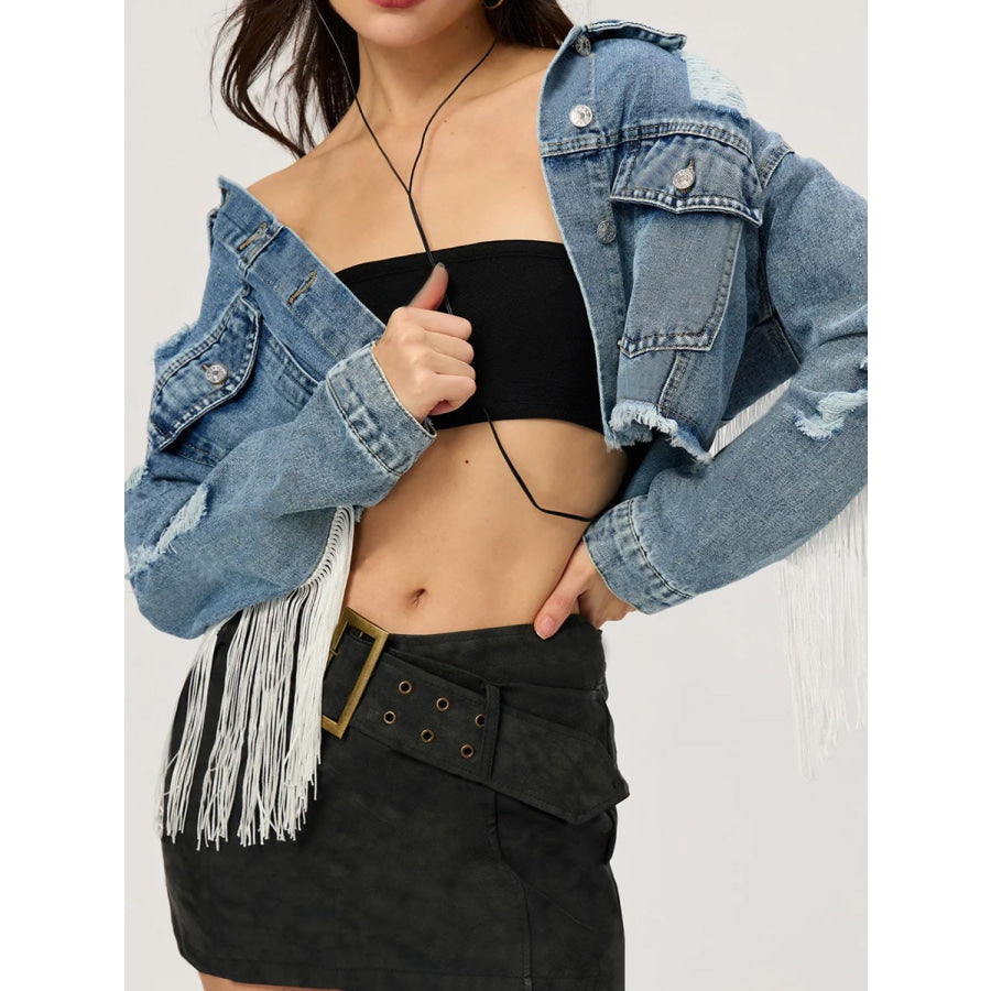 Distressed Fringe Collared Neck Cropped Denim Top Apparel and Accessories