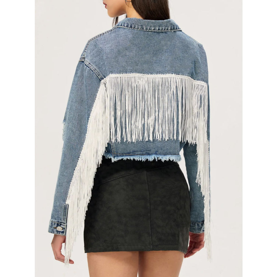 Distressed Fringe Collared Neck Cropped Denim Top Apparel and Accessories