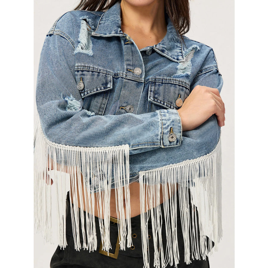 Distressed Fringe Collared Neck Cropped Denim Top Medium / XS Apparel and Accessories