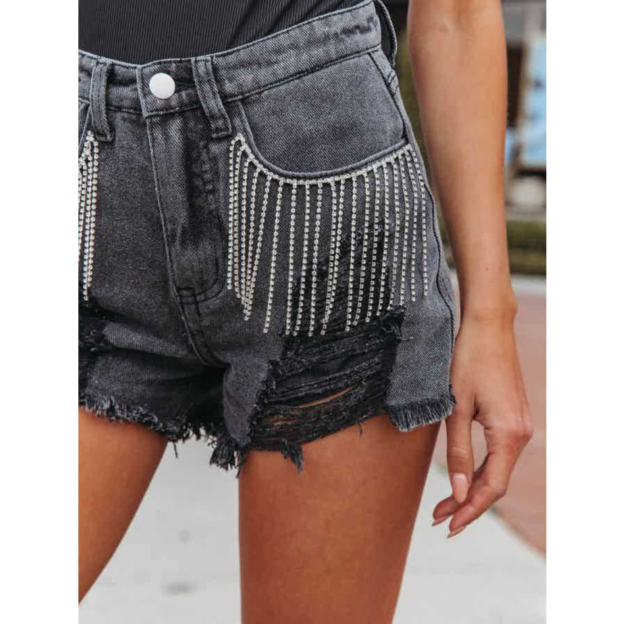 Distressed Fringe Denim Shorts with Pockets Apparel and Accessories