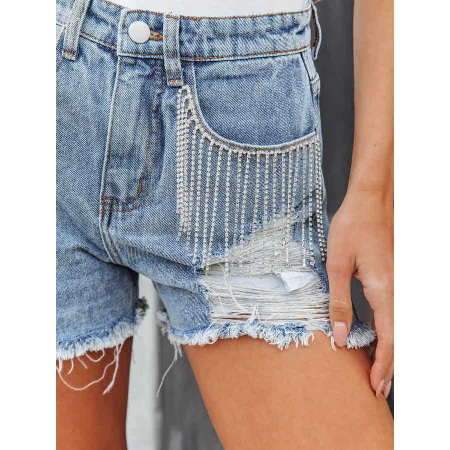 Distressed Fringe Denim Shorts with Pockets Apparel and Accessories