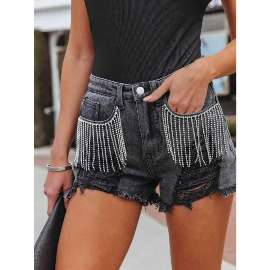 Distressed Fringe Denim Shorts with Pockets Black / S Apparel and Accessories