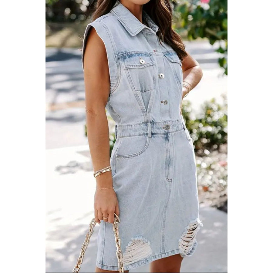 Distressed Half Button Cap Sleeve Denim Dress Apparel and Accessories