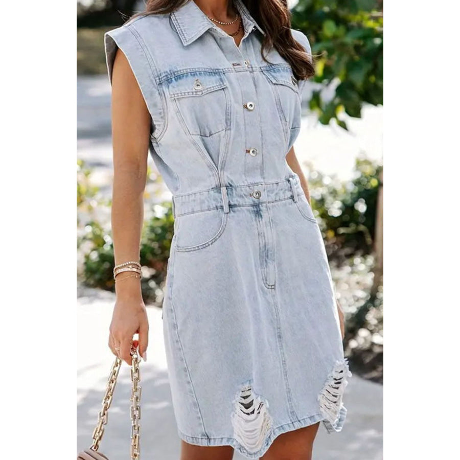 Distressed Half Button Cap Sleeve Denim Dress Light / S Apparel and Accessories