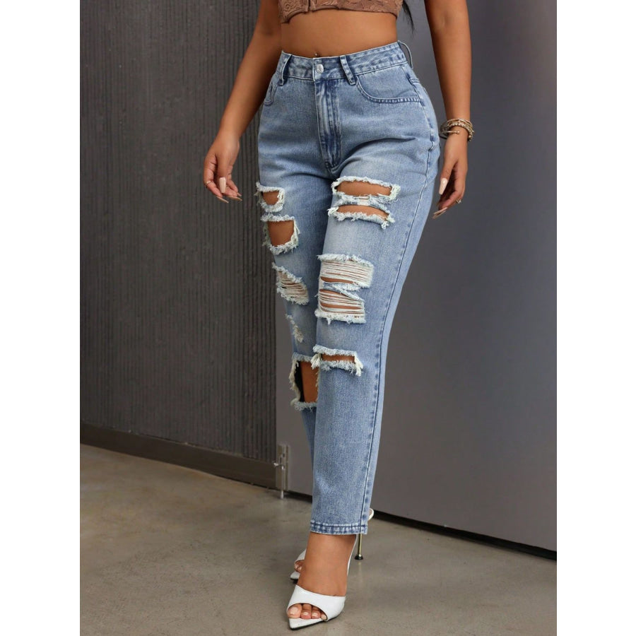 Distressed High Rise Jeans with Pockets Apparel and Accessories