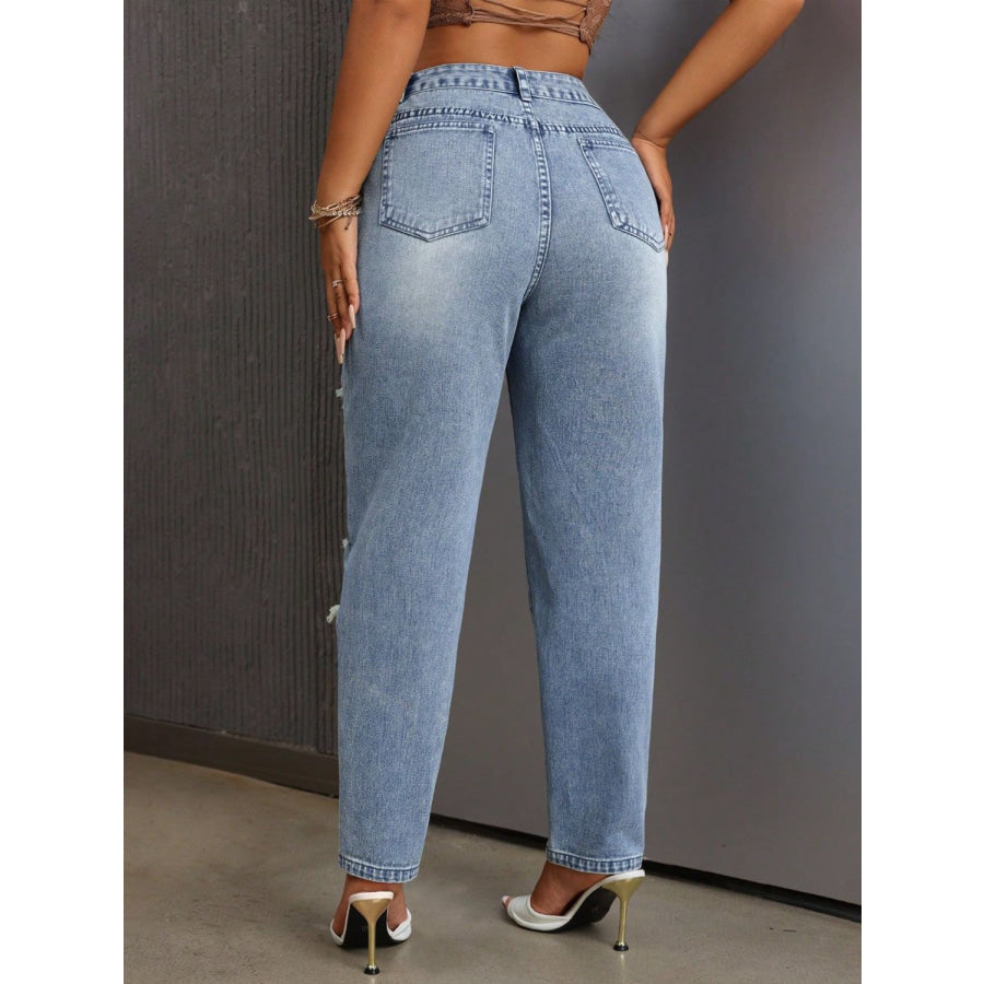 Distressed High Rise Jeans with Pockets Apparel and Accessories