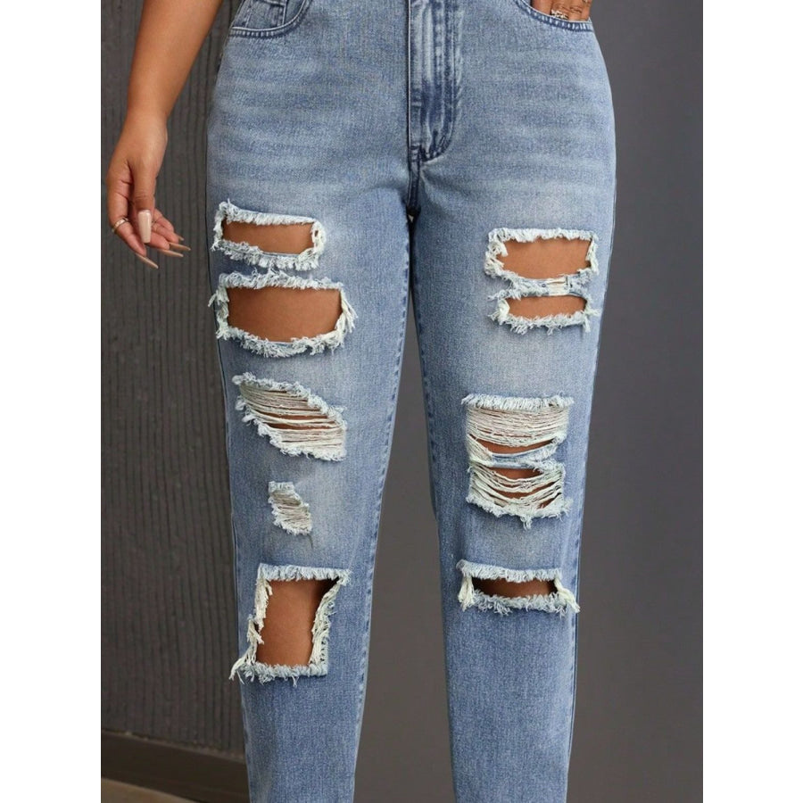 Distressed High Rise Jeans with Pockets Apparel and Accessories