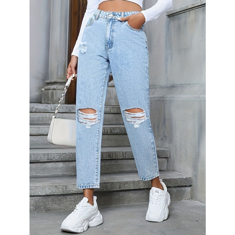 Distressed High Rise Jeans with Pockets Apparel and Accessories