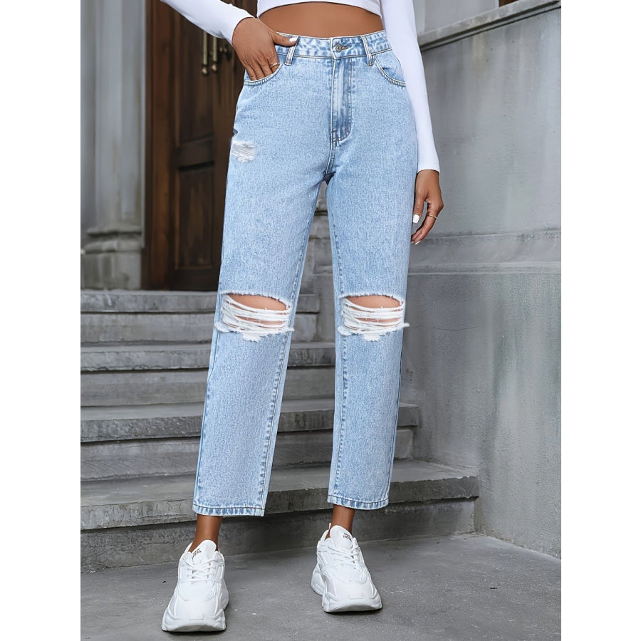 Distressed High Rise Jeans with Pockets Apparel and Accessories