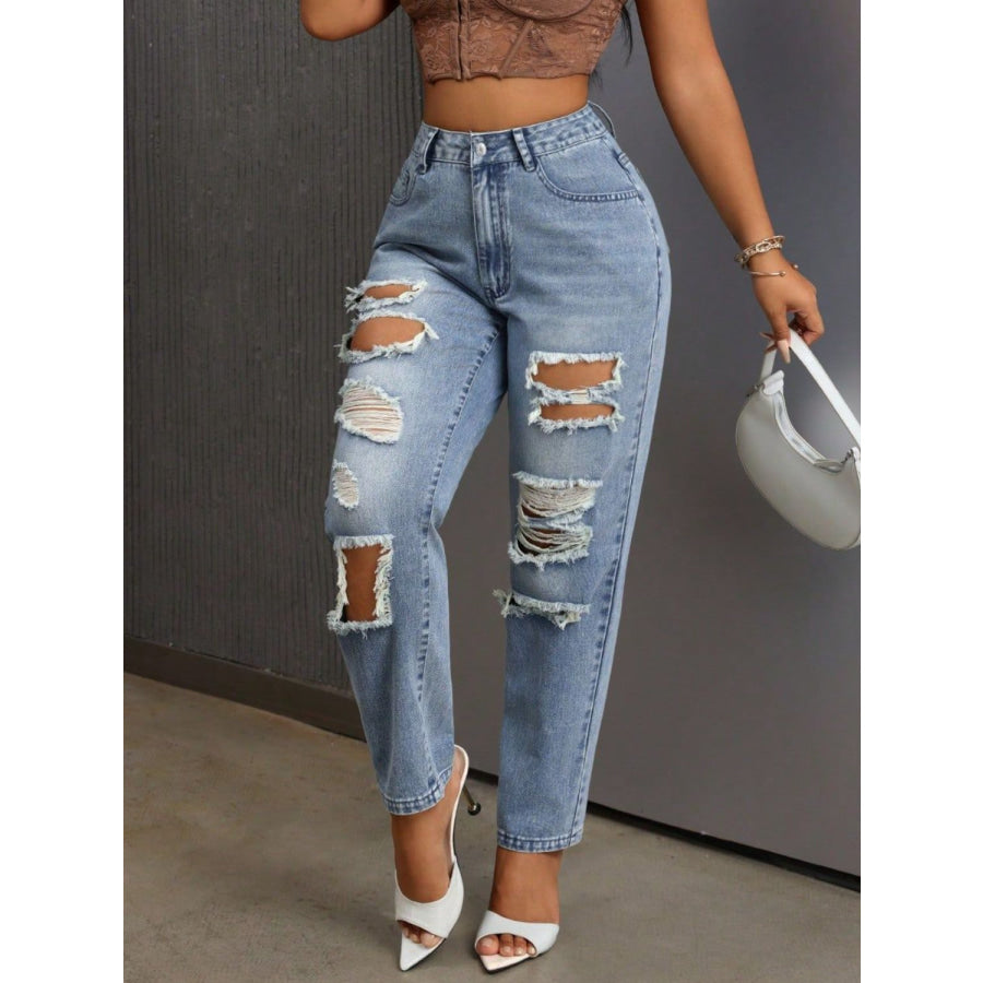 Distressed High Rise Jeans with Pockets Apparel and Accessories