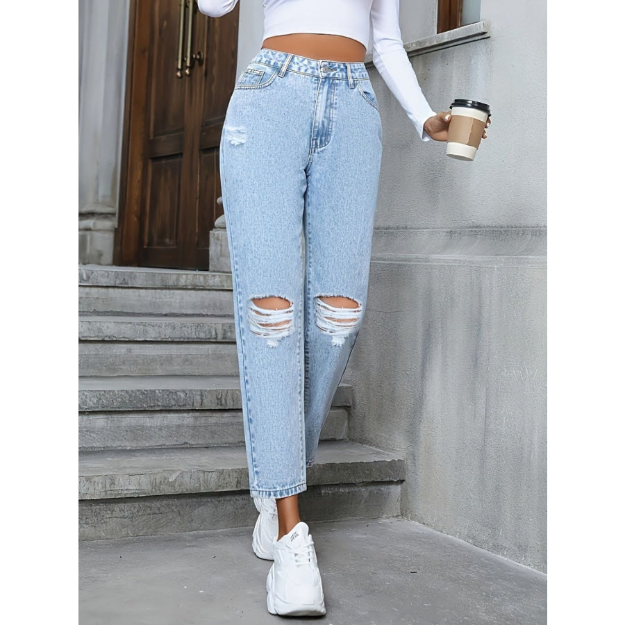 Distressed High Rise Jeans with Pockets Apparel and Accessories