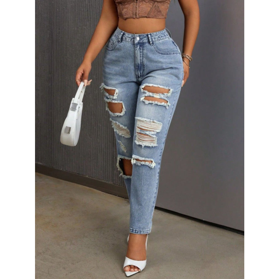 Distressed High Rise Jeans with Pockets Light / XS Apparel and Accessories