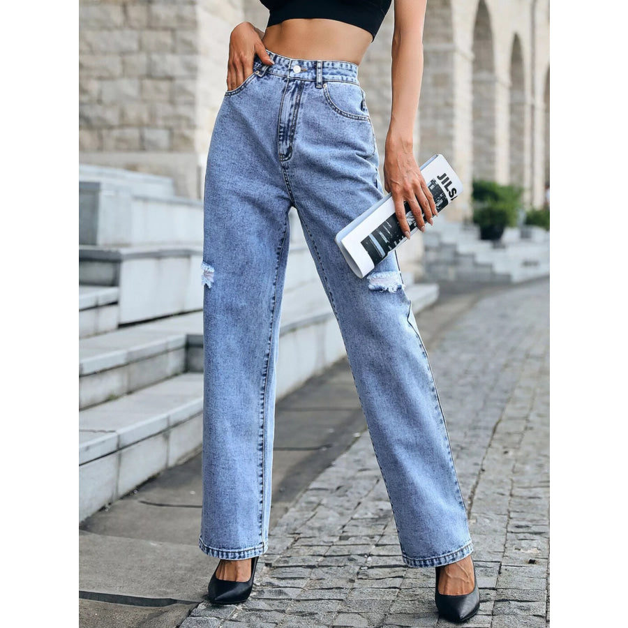 Distressed High Waist Jeans Blue / XS Apparel and Accessories