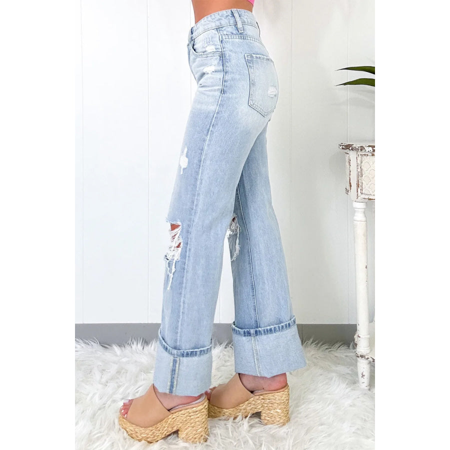 Distressed High Waist Jeans with Pockets Apparel and Accessories