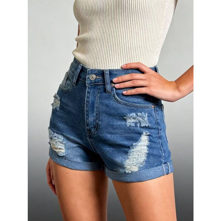 Distressed High-Waisted Denim Shorts Apparel and Accessories