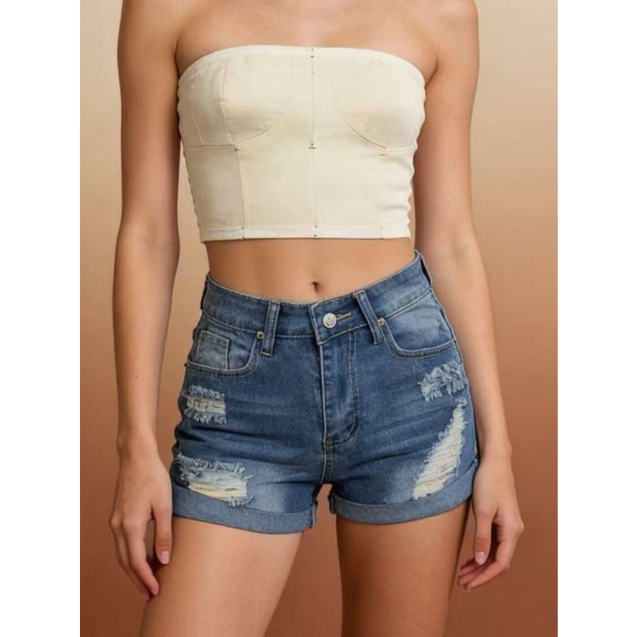 Distressed High-Waisted Denim Shorts Blue / S Apparel and Accessories