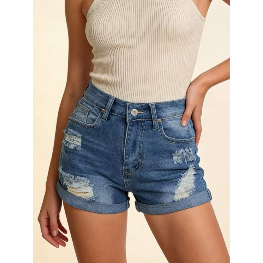 Distressed High-Waisted Denim Shorts Apparel and Accessories