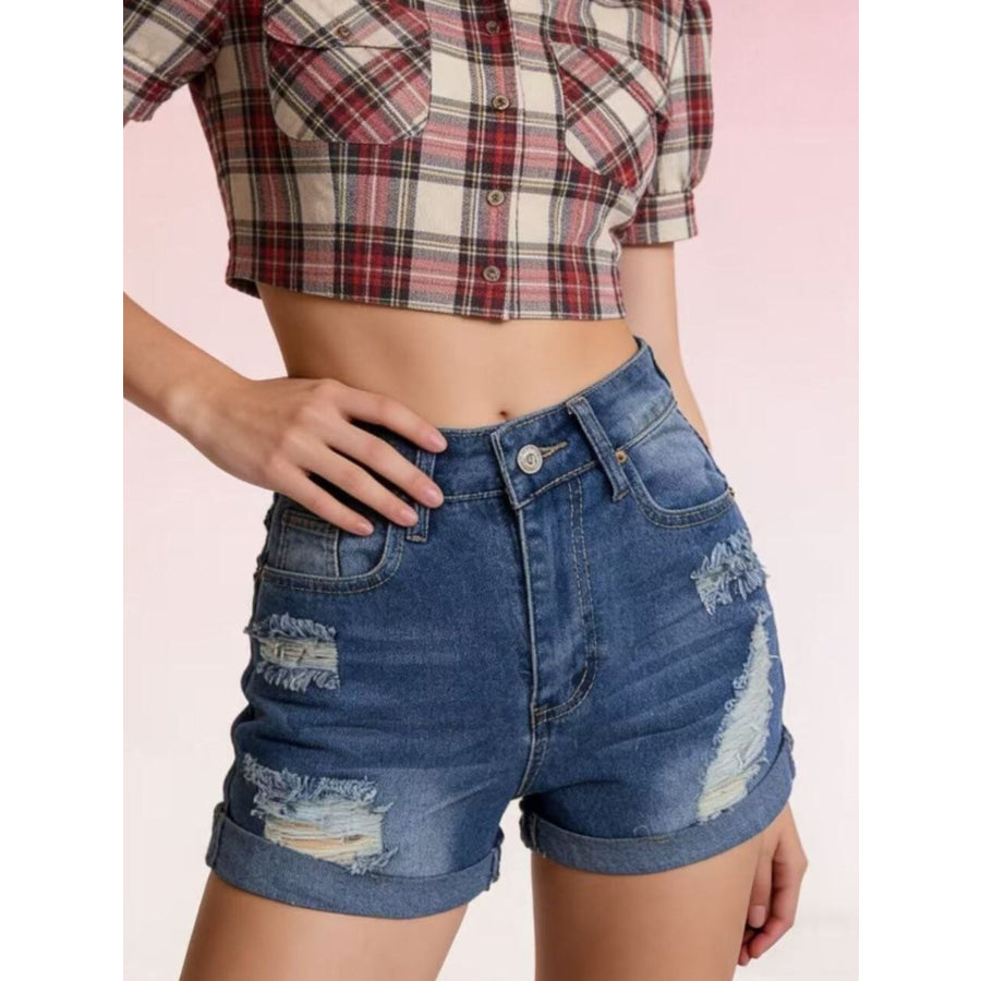 Distressed High-Waisted Denim Shorts Apparel and Accessories