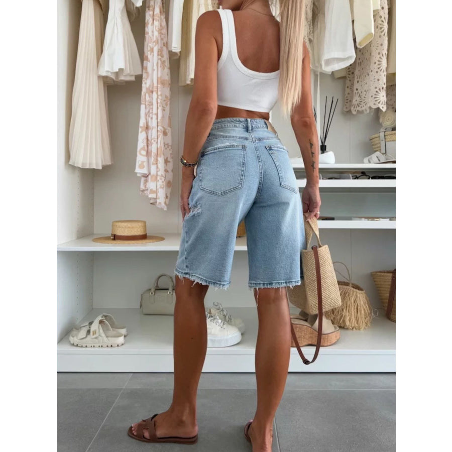 Distressed High-Waisted Denim Shorts Apparel and Accessories