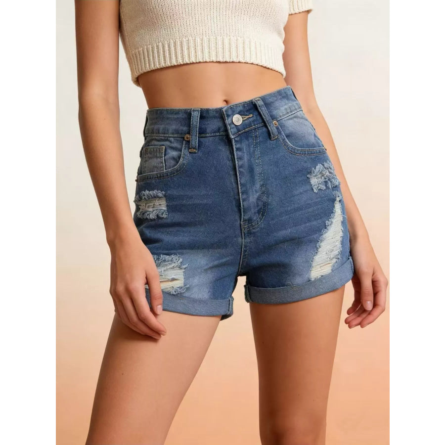 Distressed High-Waisted Denim Shorts Blue / S Apparel and Accessories