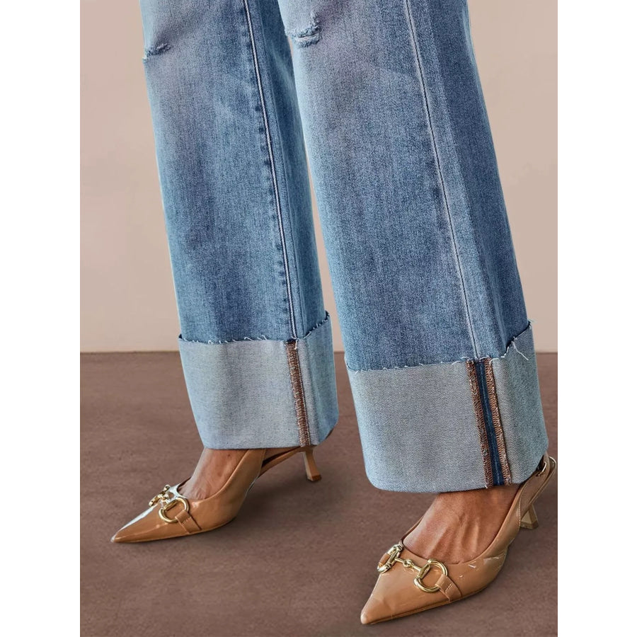 Distressed High-Waisted Flare Jeans Apparel and Accessories